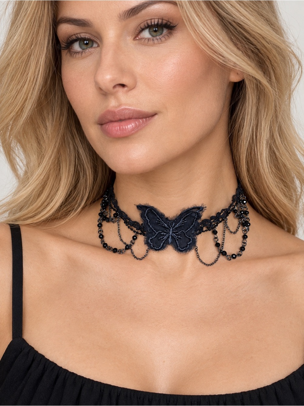 Italian Vintage Lace Butterfly Choker Necklace Black Beaded Gemstone Gothic
